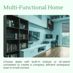 Hack 3: Choose multi-functional furniture. Desks with built-in shelves can create a compact, efficient workspace in a small corner.