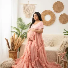 The boho setup looks equally stunning with this soft pink ruffled gown. The color adds a touch of warmth and romance to the portraits.