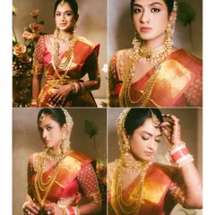 A collage of stunning portraits of a South Indian bride. Her expressions range from serene to joyful, capturing the many emotions of her wedding day.