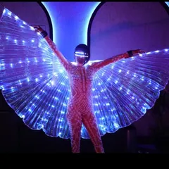 A full-body shot with the LED wings spread wide. This pose showcases the full scale and beauty of the prop, perfect for making a grand entrance.