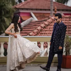 A playful moment between the couple during their Sangeet night in Goa.
