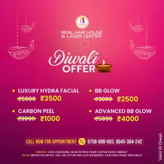Get ready for Diwali with these amazing skin glow offers. I am offering great discounts on Luxury Hydra Facial, Carbon Peel, and BB Glow treatments. Book your appointment to shine bright this festive season.