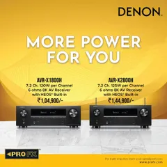 More power for you. This graphic compares the Denon AVR-X1800H and AVR-X2800H 7.2 channel 8K AV receivers. Both offer immersive 3D audio with Dolby Atmos and DTS:X, with the 2800H providing more power per channel for larger rooms.
