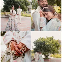 A collage capturing the essence of a carnival-themed Haldi in Jim Corbett. It shows the grand outfits, the happy couple, and the beautiful details of the celebration.