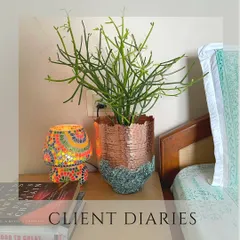 From my client diaries: my Parija copper planter looks absolutely stunning on this bedside table. The warm copper tones complement the colorful lamp and create a cozy, inviting corner.