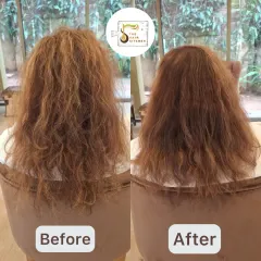 This is a perfect example of what a personalized consultation, a healthy haircut, and my custom products can do. This client's frizz was tamed and her hair's natural texture was restored, all without using any heat styling.