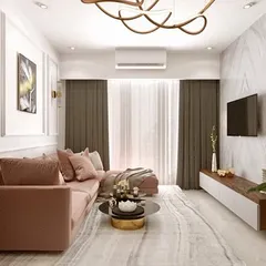 The 3D concept for the living room, focusing on the color palette, furniture forms, and lighting plan to create a luxurious and modern space.