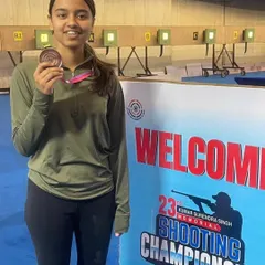 Pranju Somani with her Bronze medal in the Youth Women's 10m Air Rifle at the 23rd Kumar Surendra Singh Shooting Championship in New Delhi. Her consistent focus is the key to her success.