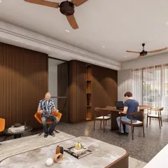 A concept render for a multi-functional home office in the 8000 sqft villa. The fluted wood paneling conceals storage and a lift, creating a seamless look while defining different zones for work and relaxation.