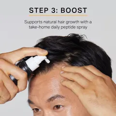Step 3 is to Boost. The treatment is supported by a take-home daily peptide spray that continues to nourish the scalp and support natural hair growth between appointments.