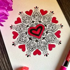 This heart-themed mandala is another piece from my Valentine's series. The central heart is surrounded by smaller hearts and detailed black linework, creating a beautiful and romantic design.