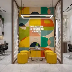 This concept for a CA firm includes a colorful and motivational breakout nook. The abstract wall art and bright yellow seating create an informal space for employees to relax, brainstorm, and recharge.