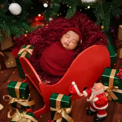 A festive Christmas-themed newborn shoot, with the baby sleeping in a miniature sleigh surrounded by presents under a Christmas tree. Perfect for holiday babies.