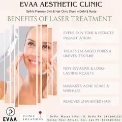 This graphic summarizes the broad benefits of laser treatments, including evening skin tone, treating enlarged pores, minimizing acne scars, and removing unwanted hair.