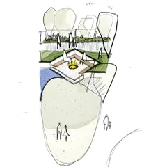 An early concept sketch exploring ideas for an outdoor gathering space with a fire pit and integrated seating. Our process always begins with quick, expressive sketches like this to capture the essence of a design.