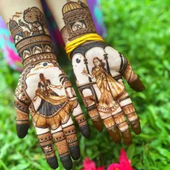 This is where your story comes to life. I love creating detailed bridal mehndi with beautiful figures, like this design featuring a dancing bride on one palm and a woman holding a traditional diya on the other, telling a unique tale.
