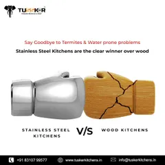 The choice is clear when it comes to durability. This visual shows why our stainless steel kitchens are the definitive winner over traditional wood, which is prone to water damage and termite attacks. We offer a permanent solution to these common problems.
