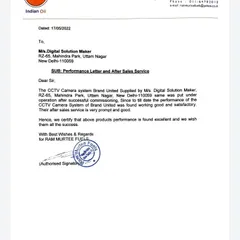 This is another appreciation letter for my work, this time from Ram Murtee Fuels, an Indian Oil dealer. They were satisfied with the performance of the United brand CCTV system I installed.