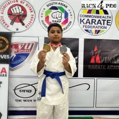 Double victory! Aarav Mondal proudly displays his gold and silver medals. His success in the championship is an inspiration to all our students.