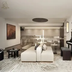 This is a 3D render of a minimalist living room in a duplex home. The design uses a restrained color scheme, modern furniture, and an open mezzanine level to create a sophisticated and airy living environment.