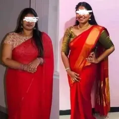 This before and after photo highlights a client's successful weight loss while wearing a traditional saree, showing that results are visible in every aspect of life.