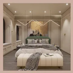 Modern elegance meets cozy comfort in this bedroom design. We blended muted tones with a bold piece of abstract art, a plush green headboard, and sculptural pendant lights to create a space that feels both serene and stylish.
