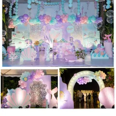 A collage showcasing our elaborate mermaid party setups. It includes a wide view of the main stage, a light-up seashell arch, and a shimmering silver backdrop.