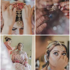 A collage of getting ready moments, from adjusting the matha patti to the final touches on the makeup. It tells the story of the bride's transformation.