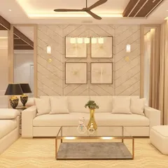 We designed this living room with a focus on serene comfort, using a palette of off-white and beige tones. The feature wall with chevron-patterned wood paneling and symmetrical sconce lighting adds texture and a point of interest, creating a balanced and calming atmosphere.