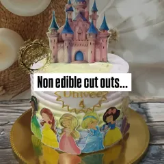 A fairytale dream for a princess party. This cake features a Disney Princess theme with a beautiful castle topper and character cutouts around the base.