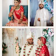 This collage captures individual portraits of the bride and groom, along with a beautiful moment from their varmala ceremony. It's a perfect summary of the key players and moments.