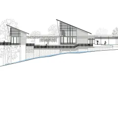 An architectural section drawing of the Club Mahindra Tungi Resort. This illustrates how the building is sited on the sloping terrain to maximize views of Pawna Lake while minimizing its impact on the landscape, with elevated walkways connecting different levels.