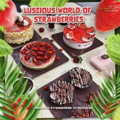 A showcase of our luscious world of strawberries. This image features a variety of our strawberry creations, from cheesecakes and tarts to almond-crusted cakes, all celebrating the fresh flavor of the berry.