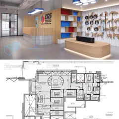 This image pairs a render of the CGS pet hospital interior with its architectural floor plan. It shows the thoughtful space planning required to create a functional, safe, and efficient environment for veterinary care.