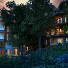 A closer look at the villas at Atmanya, showcasing multi-level structures with large windows and balconies. The design uses natural materials to blend seamlessly with the surrounding forest environment.