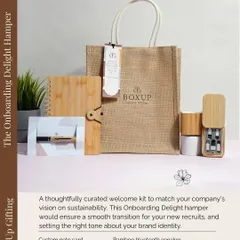 The Onboarding Delight Hamper is perfect for companies with a vision for sustainability. This welcome kit features a bamboo notebook, a bamboo speaker, and a reusable jute bag to set the right tone about your brand identity.