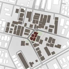 A site plan of the ARCUS project, illustrating how the building footprint was carefully positioned within the dense urban block. The red highlight shows the building's placement to maximize views and preserve surrounding trees.