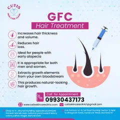 This infographic explains the science and benefits of GFC hair treatment. It visually breaks down how the procedure increases hair volume, reduces hair loss, and produces natural-looking growth by using growth elements from your own bloodstream.