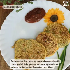 A healthy Indian breakfast idea: Moong Dal Chilla. These protein-packed savory pancakes are delicious and you can add grated carrots or spinach to the batter for extra nutrition.