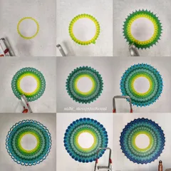 This collage shows the step-by-step progression of the mandala, from the first circle to the final detailed layer, revealing the patience and precision required.