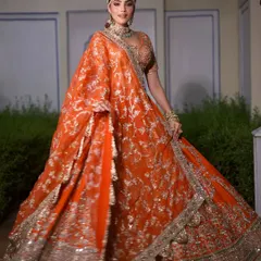 A closer look at the vibrant orange hue that is perfect for the wedding season. The intricate silver work adds a touch of festive sparkle.