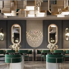 A frontal view of the restaurant's dining setup, highlighting the contrast between the plush green chairs and the dark marble tabletops. The design emphasizes a feeling of structured luxury and comfort for guests.