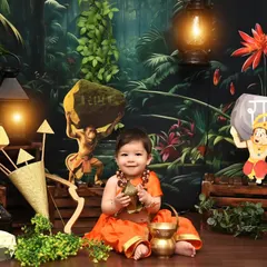 A wider view of the epic "Ram Ji" setup. The detailed jungle backdrop and character cutouts bring the ancient story to life for a truly unique portrait.