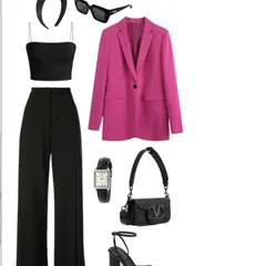 Here is another example of the 'Old Money' aesthetic, combining a vibrant pink blazer with classic black trousers and accessories. This look is a perfect demonstration of how to use a statement piece within a sophisticated, minimalist wardrobe.