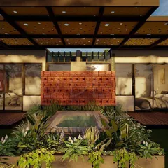 This render showcases an innovative use of brickwork to create privacy screens. The patterns play with light and shadow, creating an alluring illusion that makes the screens feel light and unique.