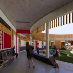 A render of the kindergarten courtyard, a secure and vibrant play area. The curved corridors and colorful elements are designed to inspire joy and creativity in young learners.