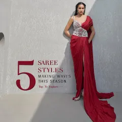 This image introduces five standout sari styles for the season. The featured look is a crimson pre-draped sari with a thigh-high slit and a hand-embellished pearl bustier.