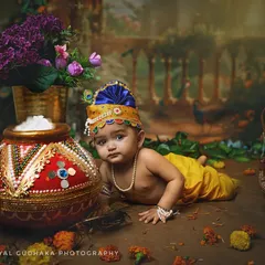 A tiny baby Krishna, just a few months old, lies next to his matki of butter. This pose is perfect for younger babies who are not yet sitting up.