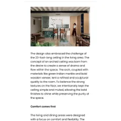 Another snippet from our feature in Architect and Interiors India, discussing the 23-foot-long arched ceiling and the use of green Indian marble in the living area.