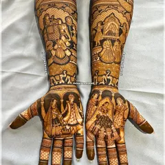 A luxurious and heavy bridal mehndi design telling a complete wedding story. The arms feature multiple scenes, including the bride's entry, the couple's portrait, and traditional rituals, all tied together with intricate patterns.